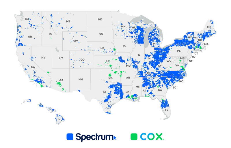 Supplied United States planning map with Spectrum in blue and Cox in green